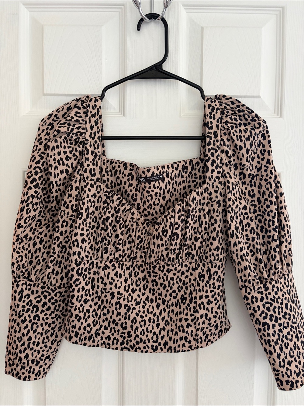 ZARA Leopard Print Sweetheart Neck Puff Sleeve Top - Beige/Black